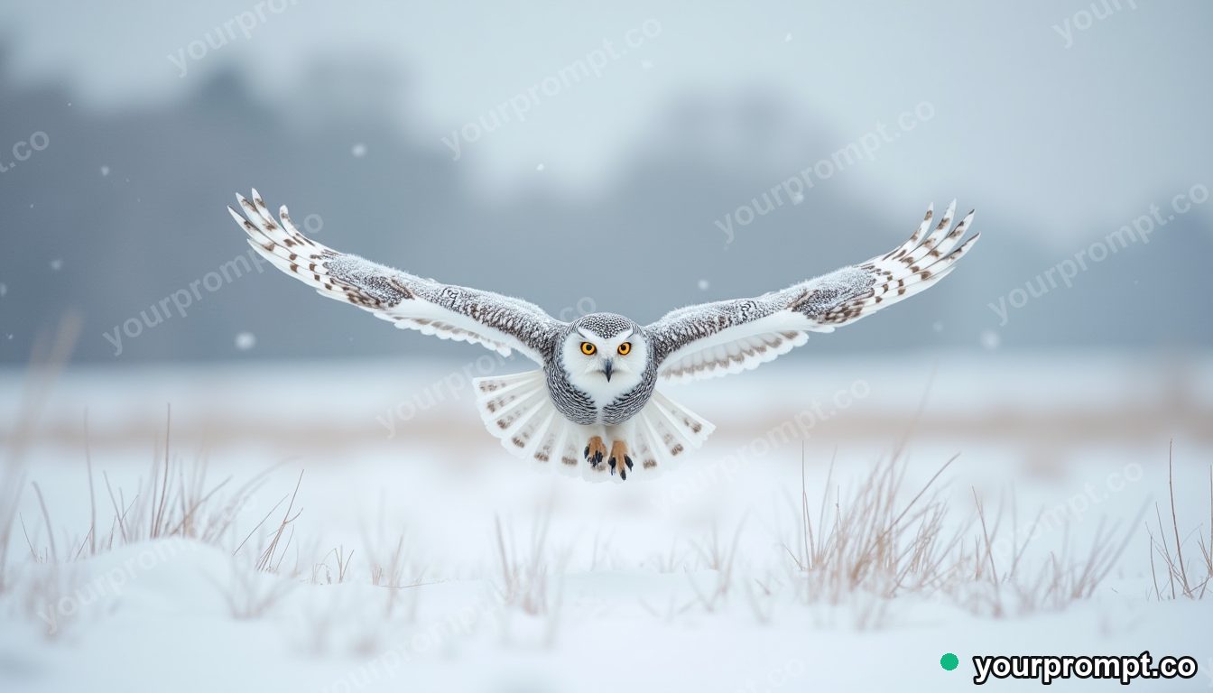 A snowy owl in flight over a winter field in clean minimalist style — AI-generated image from a text prompt