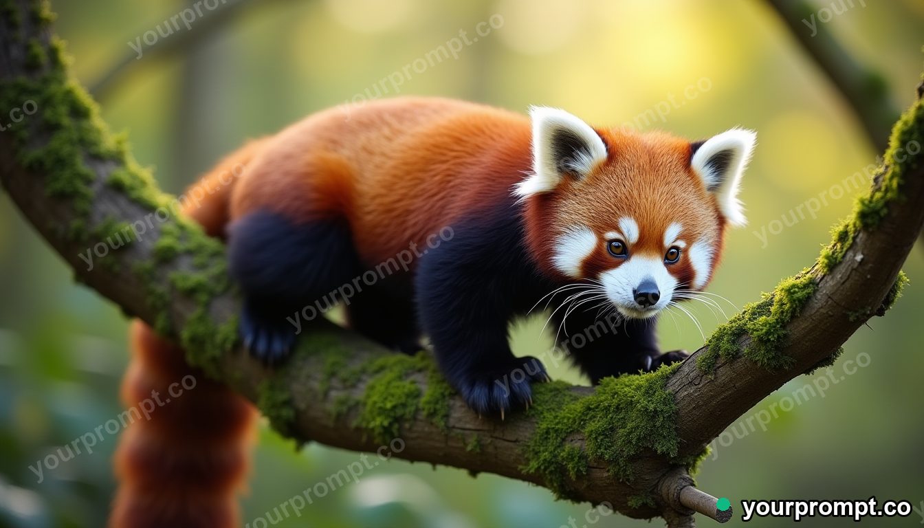 A red panda climbing a mossy branch in ethereal long-exposure style — AI-generated image from a text prompt