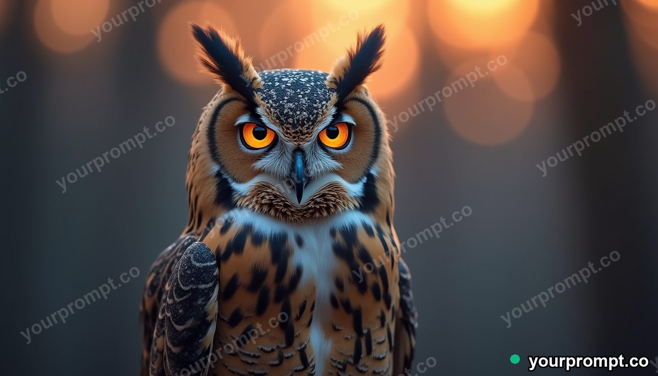 A great horned owl with piercing eyes at dusk in tilt-shift miniature style — AI-generated image from a text prompt