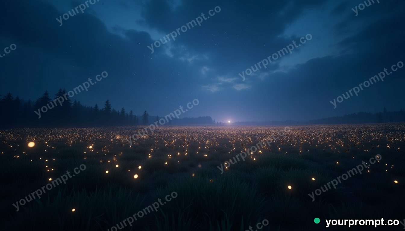 A firefly-lit meadow under a deep blue dusk in 3D octane render style — AI-generated image from a text prompt