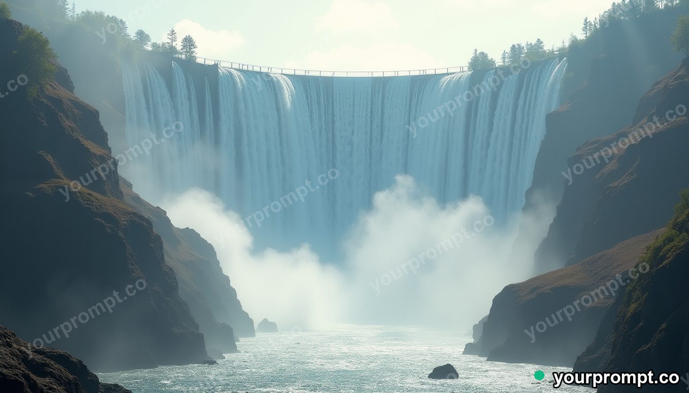 A towering dam releasing a thundering spillway in hyperrealistic style — AI-generated image from a text prompt