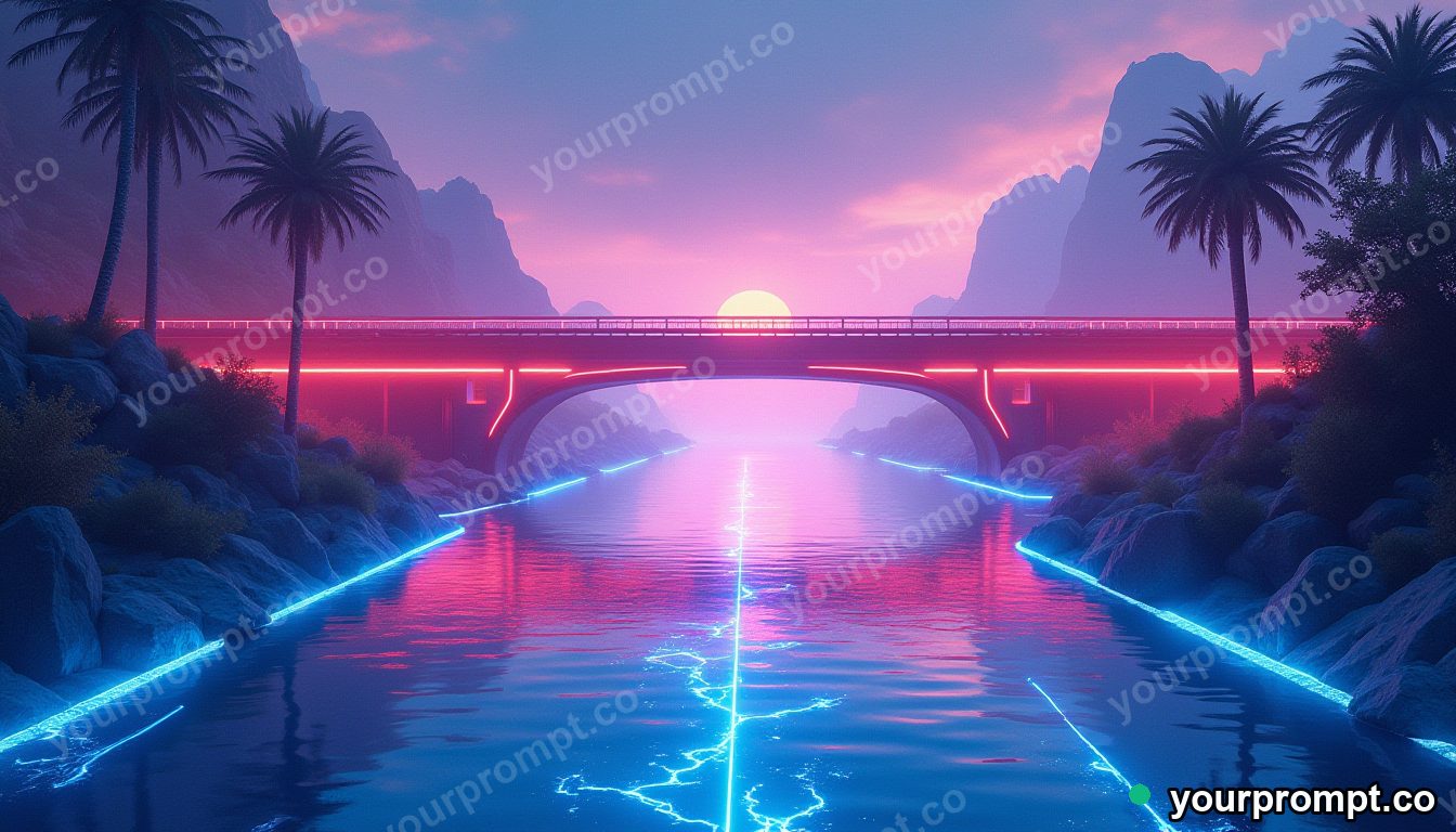 A glowing futuristic bridge across a neon river in soft watercolor painting style — AI-generated image from a text prompt