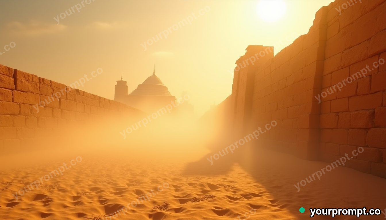 A sandstorm wall rolling toward an ancient city in double-exposure style — AI-generated image from a text prompt