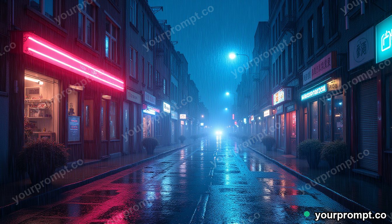 A neon cyberpunk street in the rain at night in soft watercolor painting style — AI-generated image from a text prompt