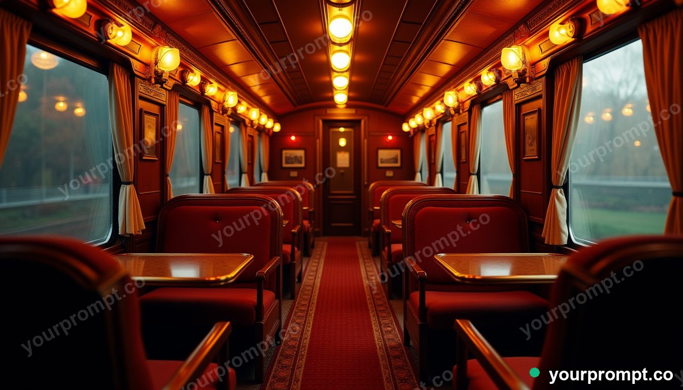 A vintage orient-express carriage interior at night in golden-hour photography style — AI-generated image from a text prompt