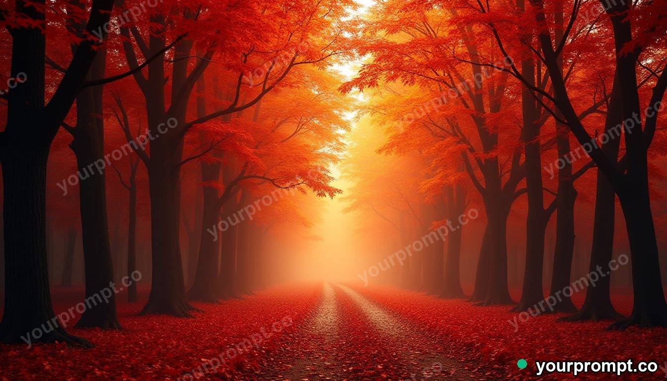 An autumn maple forest in full red and orange in golden-hour photography style — AI-generated image from a text prompt