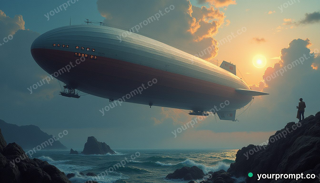 A vintage airship drifting over a coastline in rich oil painting style — AI-generated image from a text prompt