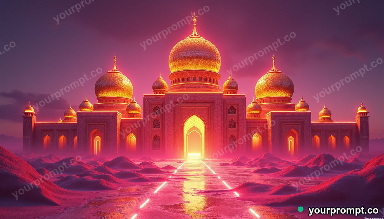 A desert palace with golden domes in hyperrealistic style — AI-generated image from a text prompt