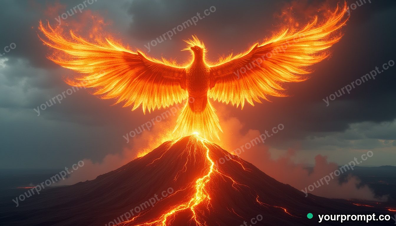 A phoenix made of fire soaring over a volcano in bold pop-art style — AI-generated image from a text prompt