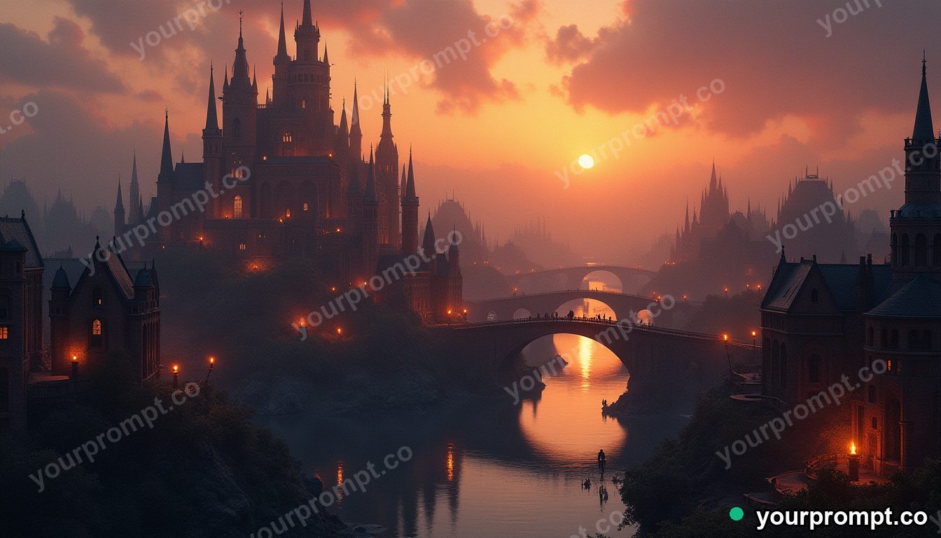 A floating city of bridges and canals at dawn in epic fantasy concept art style — AI-generated image from a text prompt