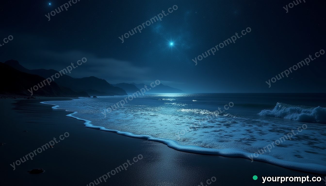 A surreal beach where the sea is liquid starlight in dramatic chiaroscuro style — AI-generated image from a text prompt