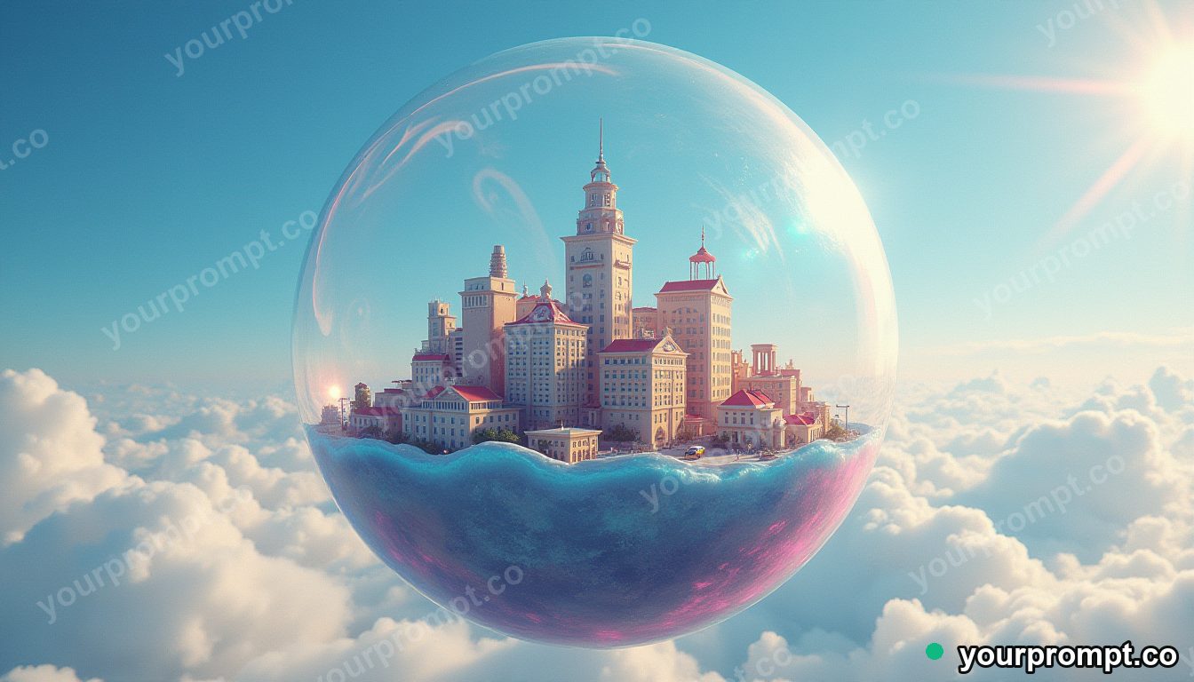 A city floating upside-down inside a giant soap bubble in vaporwave synthwave style — AI-generated image from a text prompt