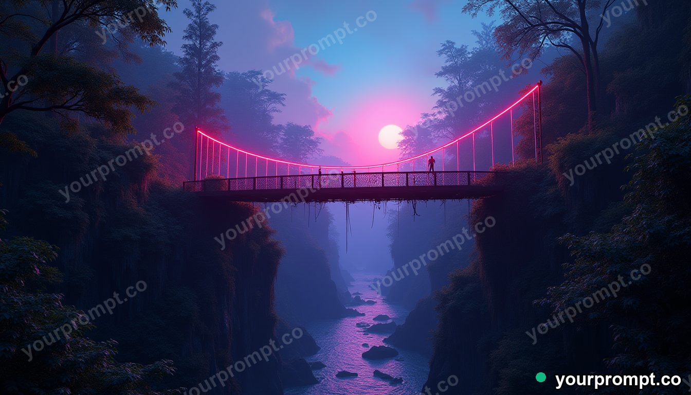 An old rope bridge over a jungle gorge in vaporwave synthwave style — AI-generated image from a text prompt