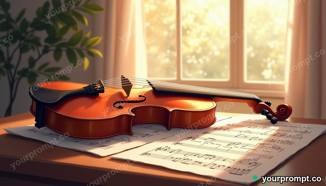 A violin resting on sheet music in soft window light in anime illustration style — AI-generated image from a text prompt