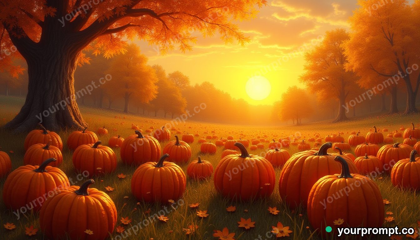 A pumpkin patch under a golden autumn sky in rich oil painting style — AI-generated image from a text prompt