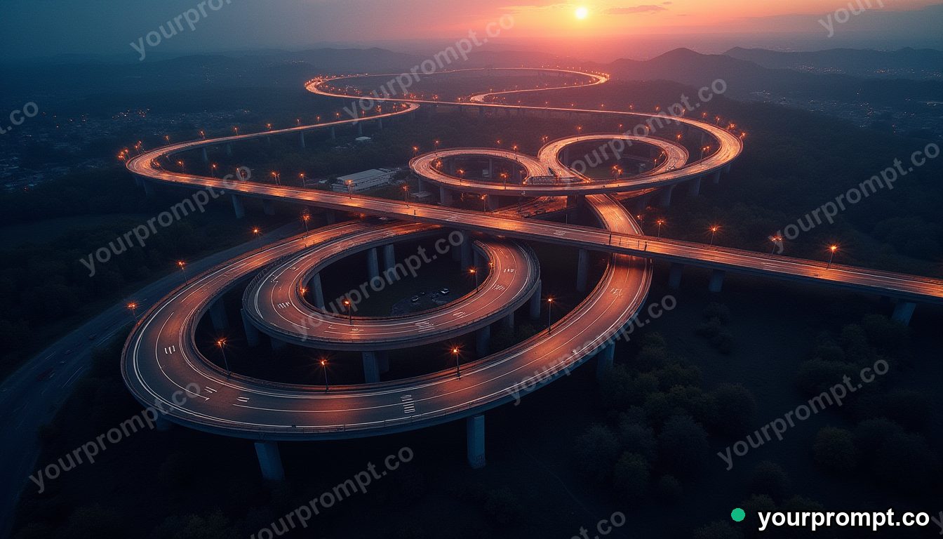 An aerial shot of a spiral interchange highway at dusk in rich oil painting style — AI-generated image from a text prompt