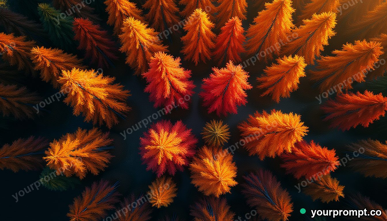 A top-down view of autumn treetops in fiery colors in ethereal long-exposure style — AI-generated image from a text prompt