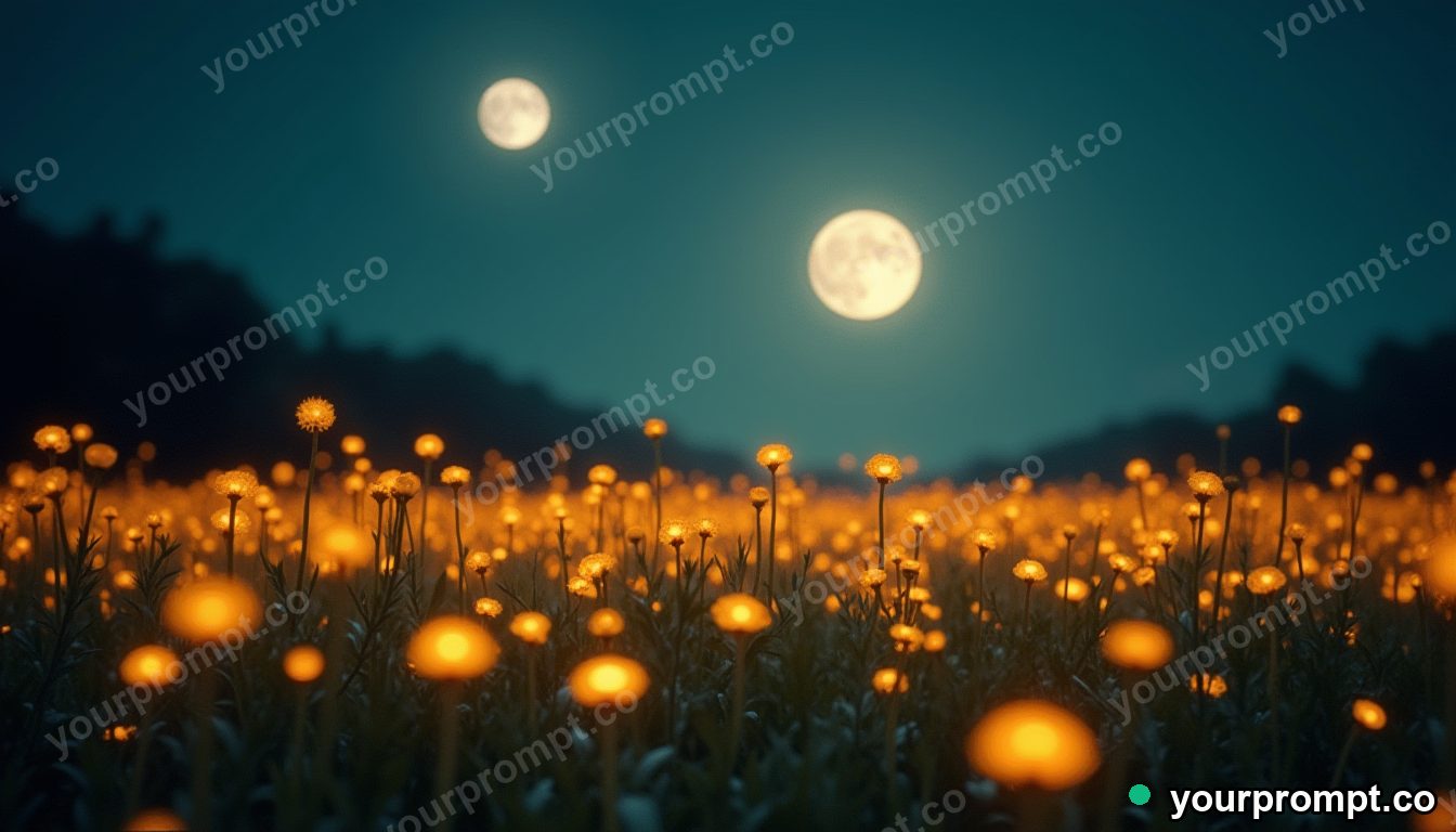 An endless field of glowing dandelions under twin moons in vintage film photograph style — AI-generated image from a text prompt