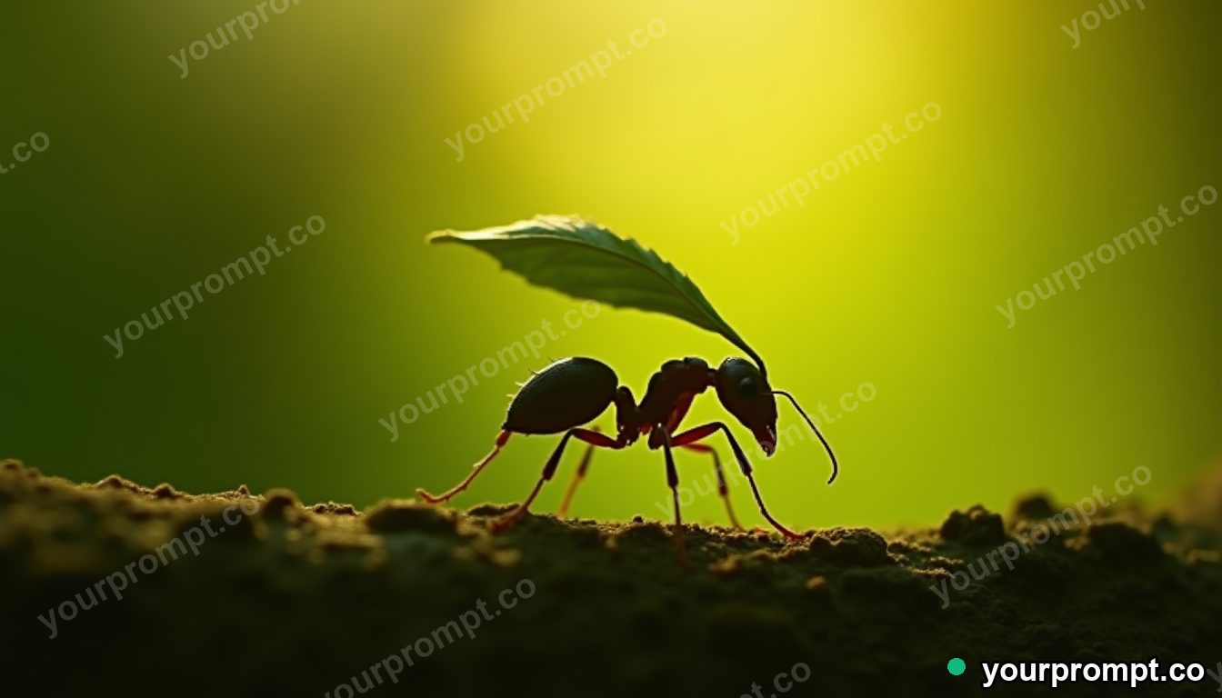 A leafcutter ant carrying a green leaf in cinematic film still style — AI-generated image from a text prompt
