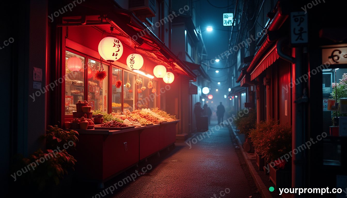 A glowing night market in a narrow Tokyo alley in bold pop-art style — AI-generated image from a text prompt