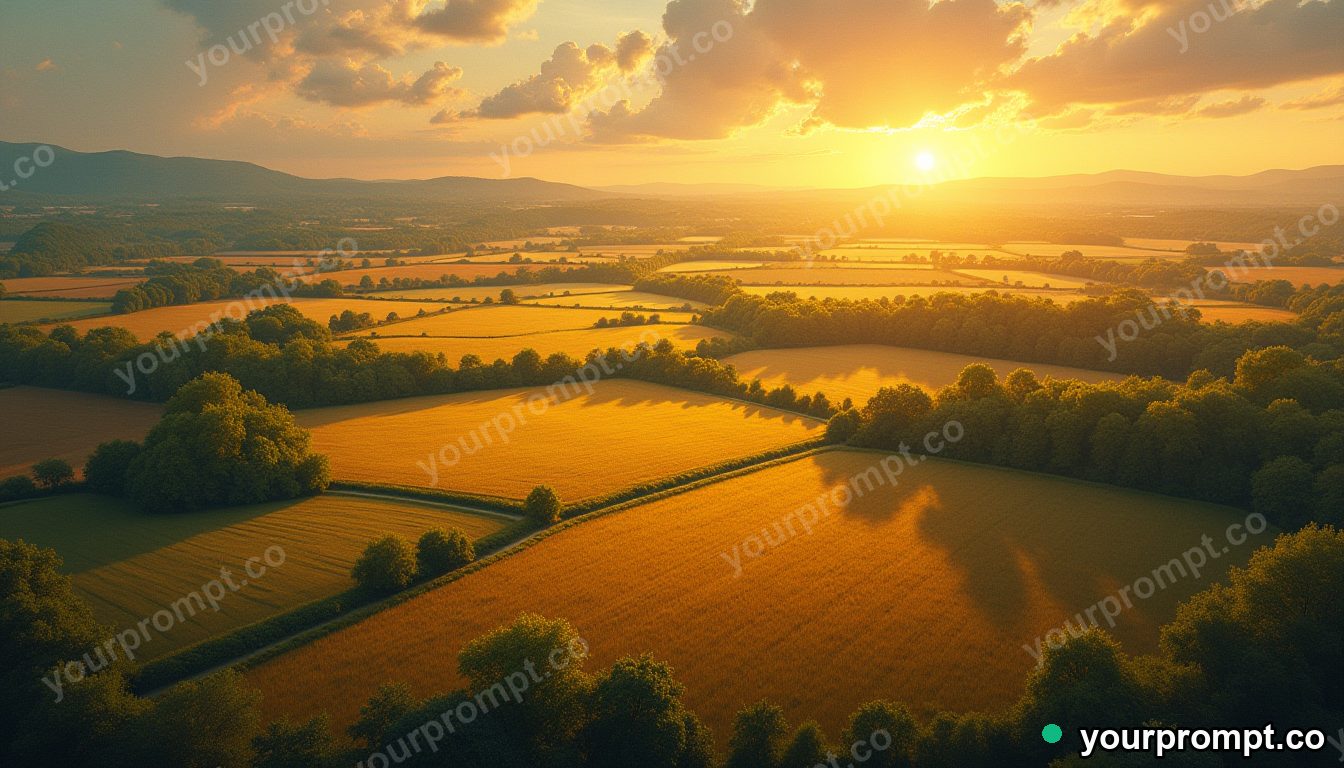 A bird's-eye view of a patchwork of farm fields in warm storybook illustration style — AI-generated image from a text prompt