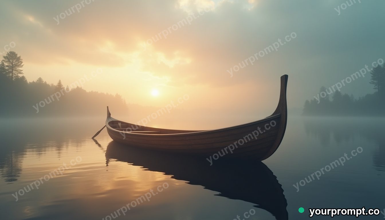 A wooden fishing boat on a misty calm lake at dawn in golden-hour photography style — AI-generated image from a text prompt