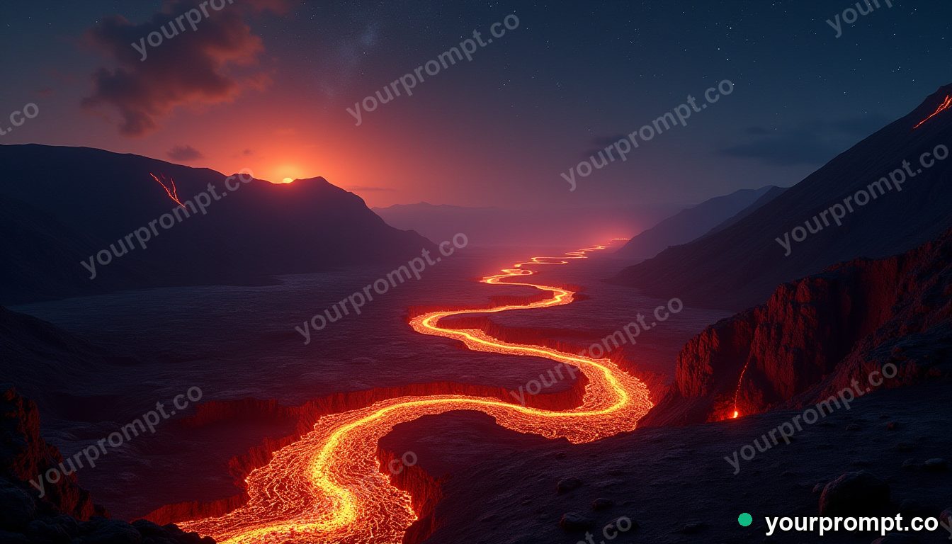 A volcanic landscape with rivers of glowing lava at night in hyperrealistic style — AI-generated image from a text prompt