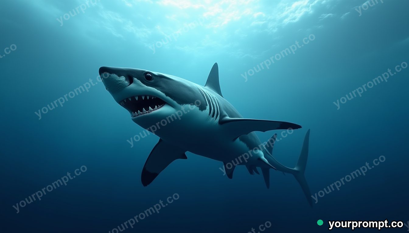 A great white shark cruising in blue depths in photorealistic style — AI-generated image from a text prompt