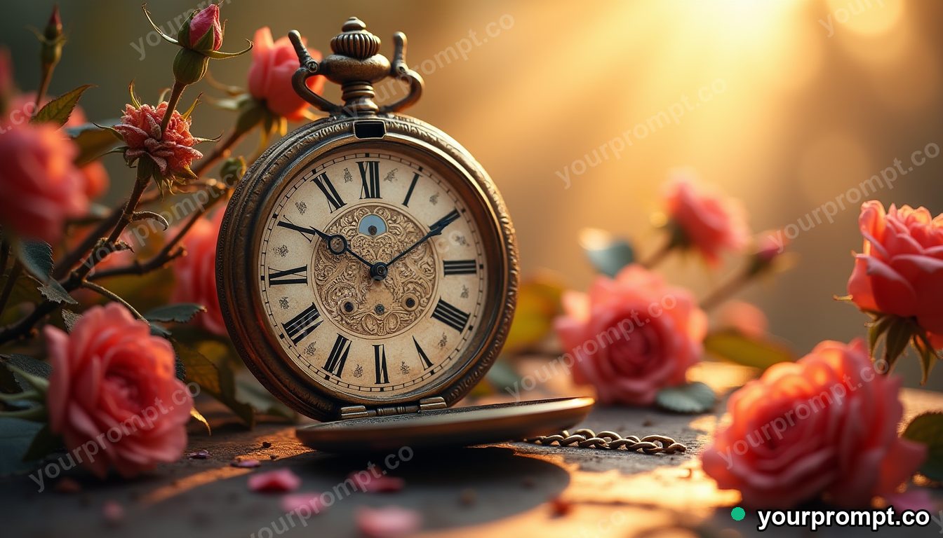 An antique pocket watch beside dried roses in layered papercut art style — AI-generated image from a text prompt