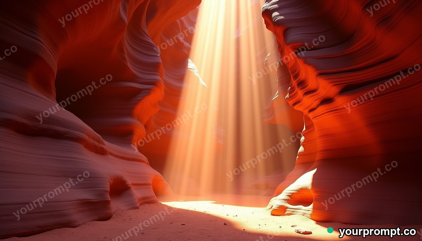 A slot canyon with beams of light on red rock in rich oil painting style — AI-generated image from a text prompt
