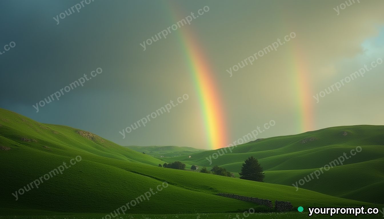 A double rainbow arcing over emerald hills after rain in extreme macro photography style — AI-generated image from a text prompt