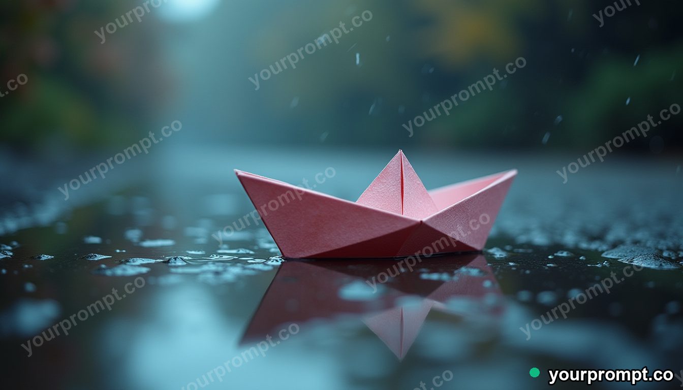 A paper boat sailing a rain puddle, macro and whimsical in vaporwave synthwave style — AI-generated image from a text prompt