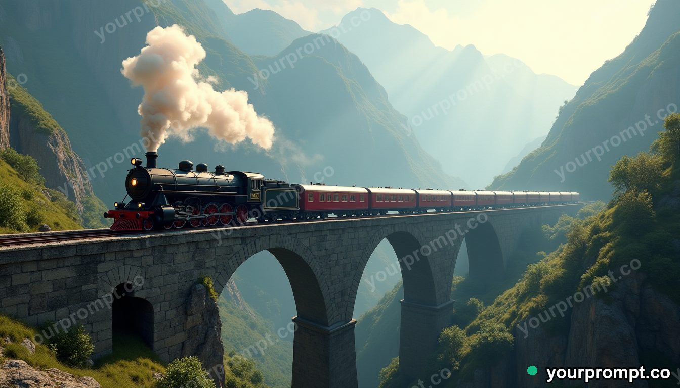 A steam locomotive crossing a stone viaduct in the mountains in claymation stop-motion style — AI-generated image from a text prompt