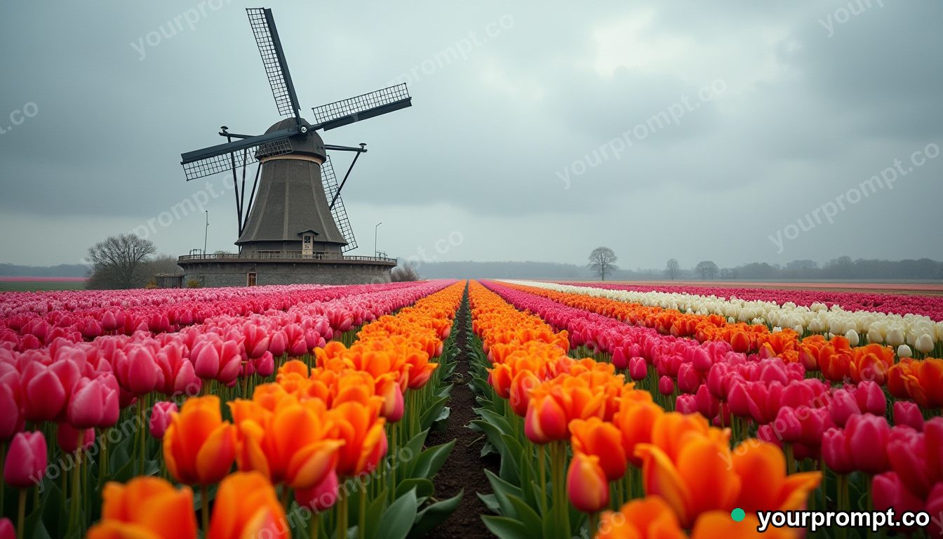 A tulip field in rainbow rows under a windmill in hyperrealistic style — AI-generated image from a text prompt