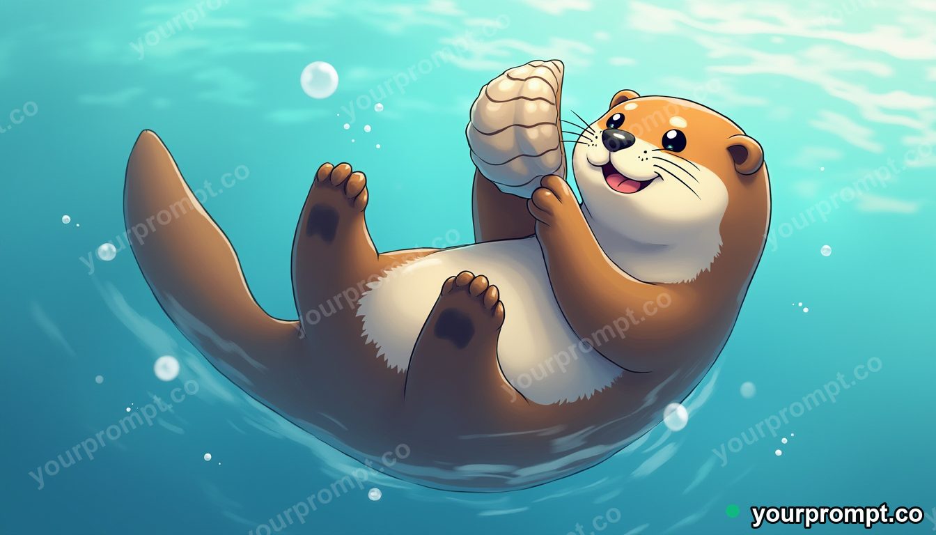 A sea otter floating on its back holding a shell in anime illustration style — AI-generated image from a text prompt