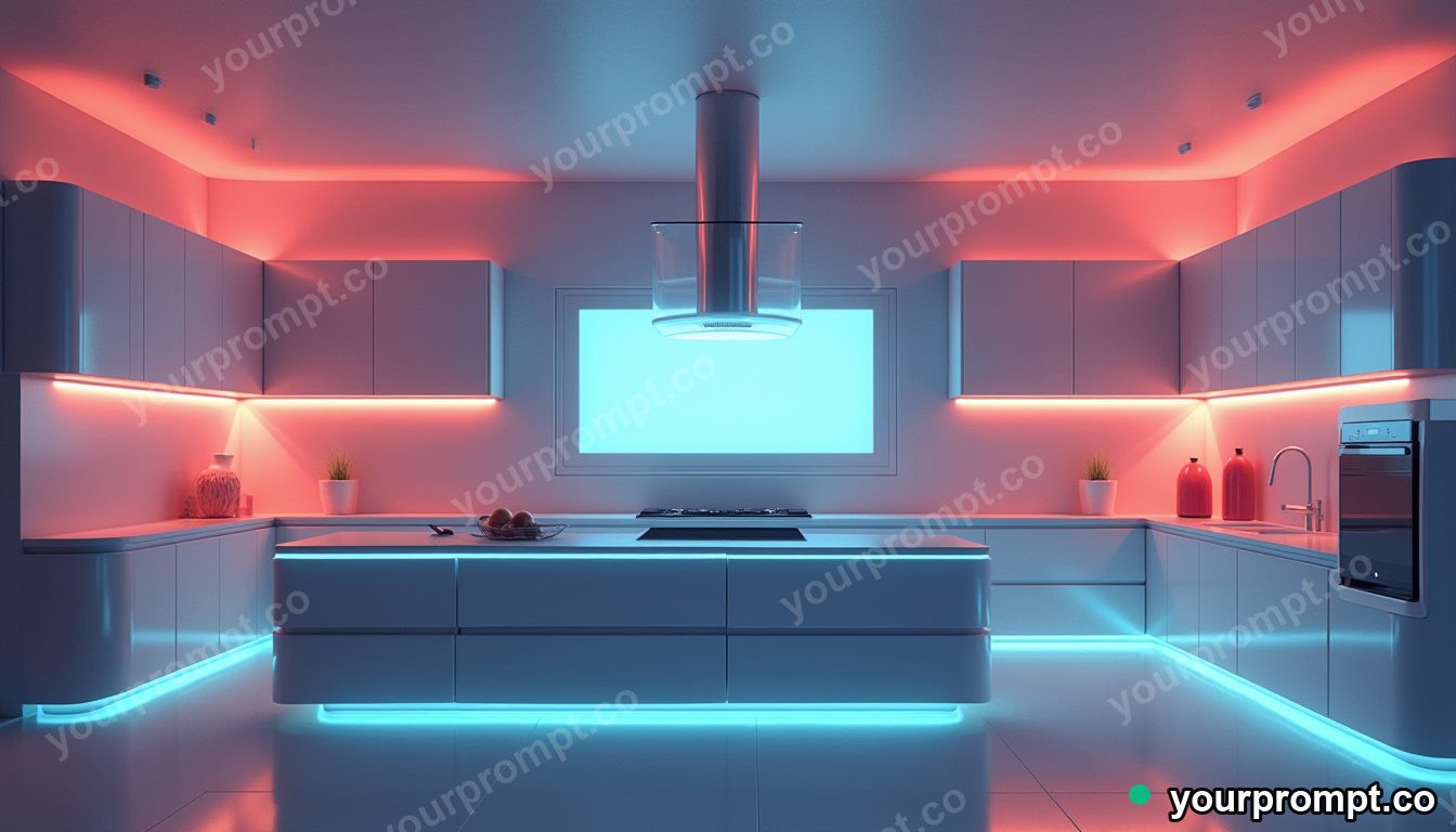A futuristic smart kitchen with glowing surfaces in matte concept painting style — AI-generated image from a text prompt