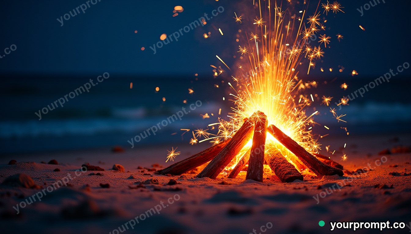 A beach bonfire with sparklers on a summer night in stained-glass mosaic style — AI-generated image from a text prompt