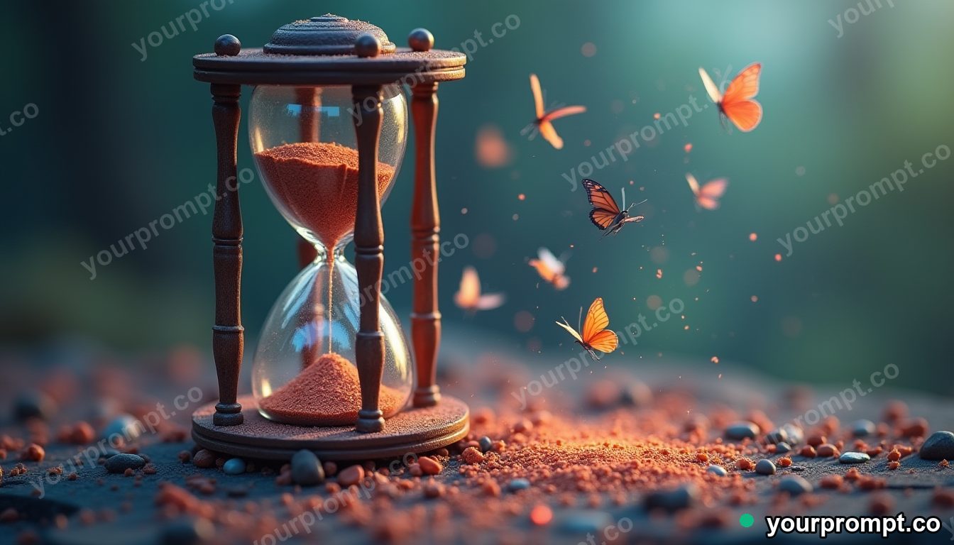 An hourglass where the sand turns into butterflies as it falls in isometric miniature style — AI-generated image from a text prompt