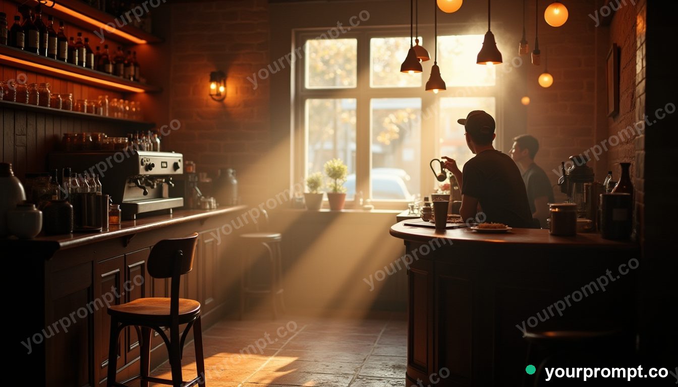 A steamy artisan coffee shop interior in the morning in dramatic chiaroscuro style — AI-generated image from a text prompt