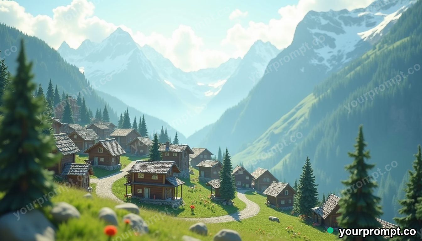 A misty mountain village in the Swiss Alps in claymation stop-motion style — AI-generated image from a text prompt