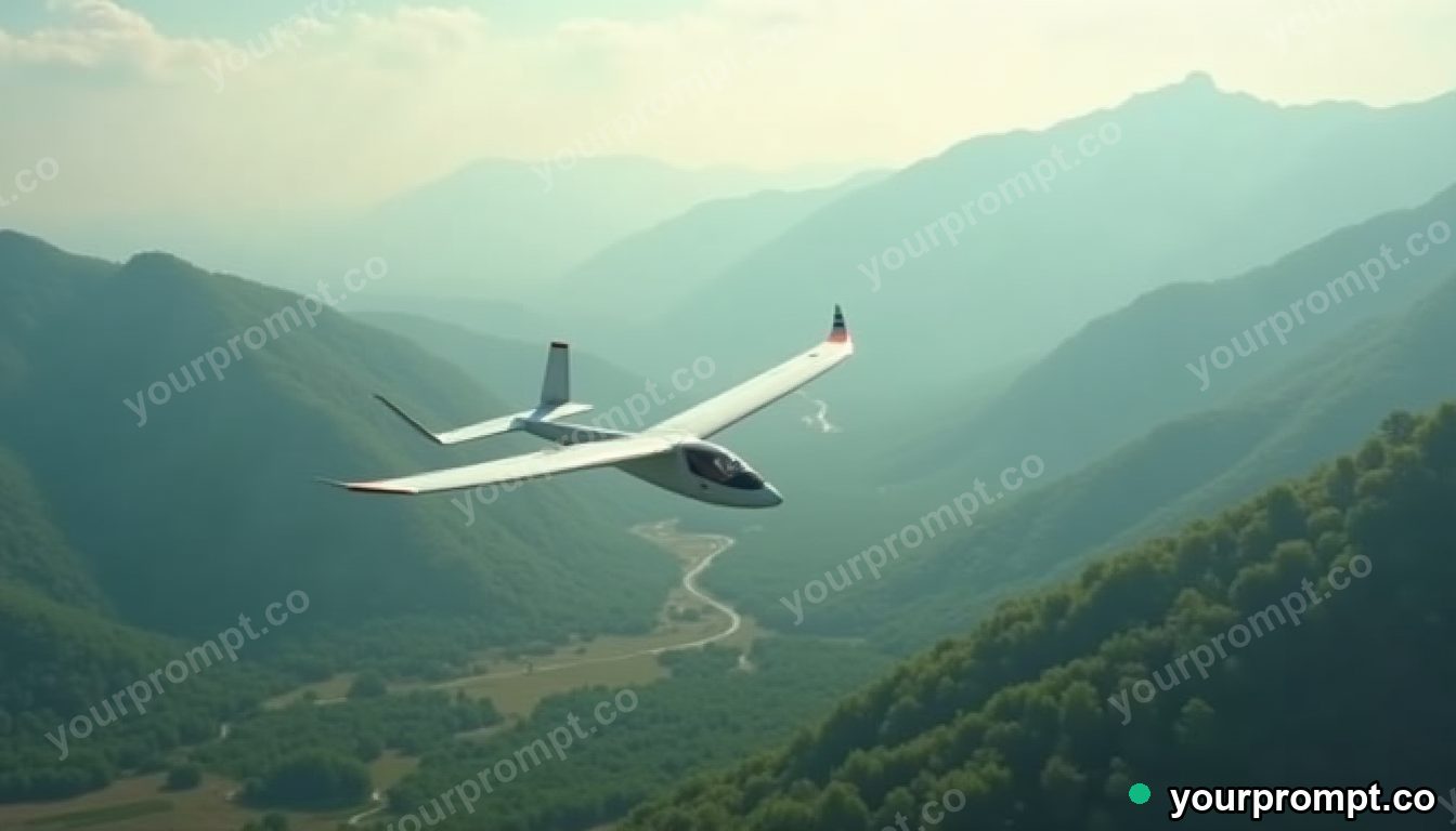 A glider soaring silently over green valleys in photorealistic style — AI-generated image from a text prompt