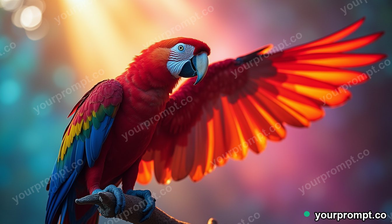 A scarlet macaw spreading rainbow wings in vaporwave synthwave style — AI-generated image from a text prompt
