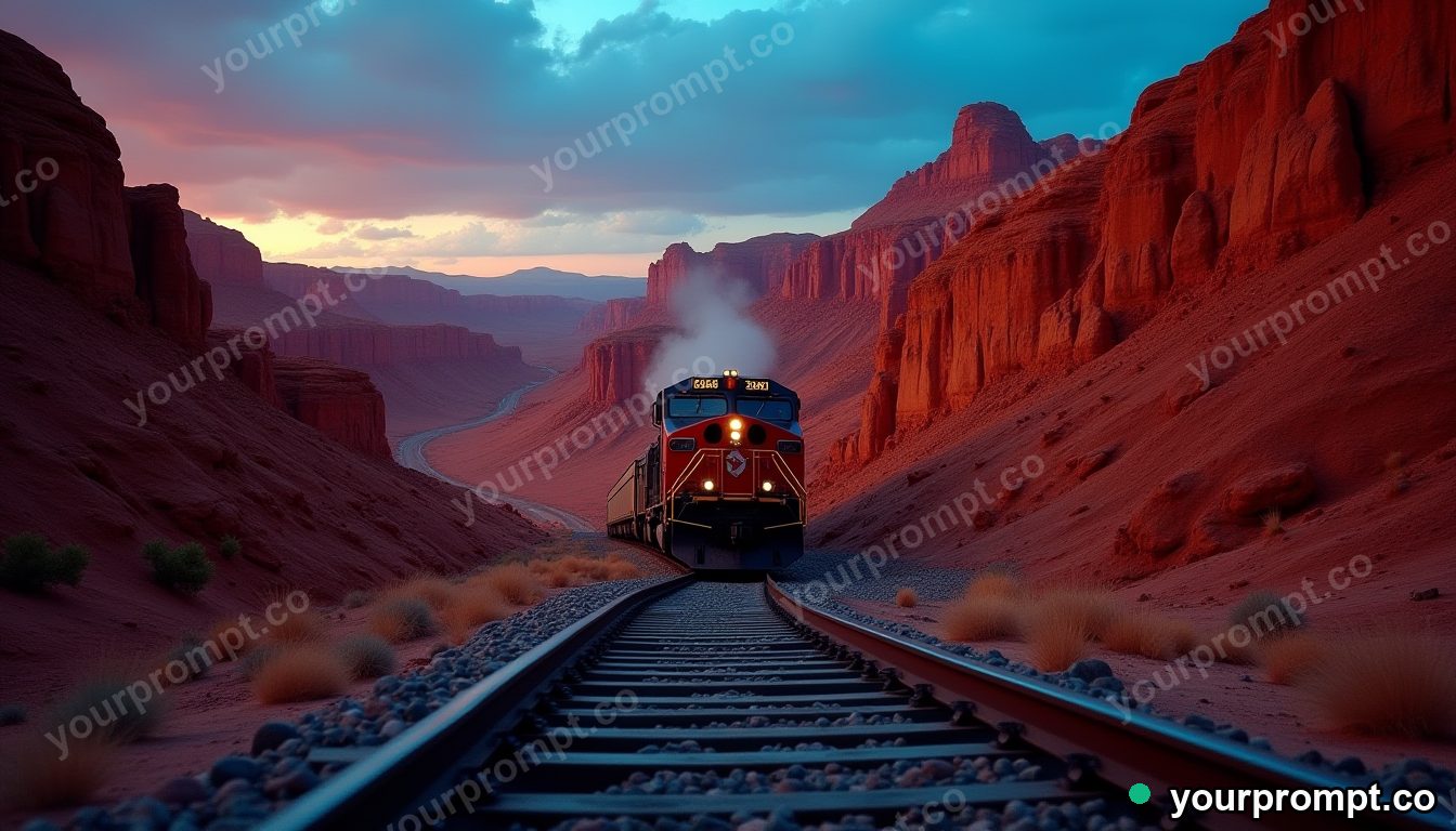 A freight train winding through a red desert canyon in extreme macro photography style — AI-generated image from a text prompt