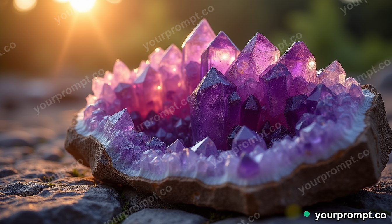 A giant raw amethyst geode glowing purple in golden-hour photography style — AI-generated image from a text prompt