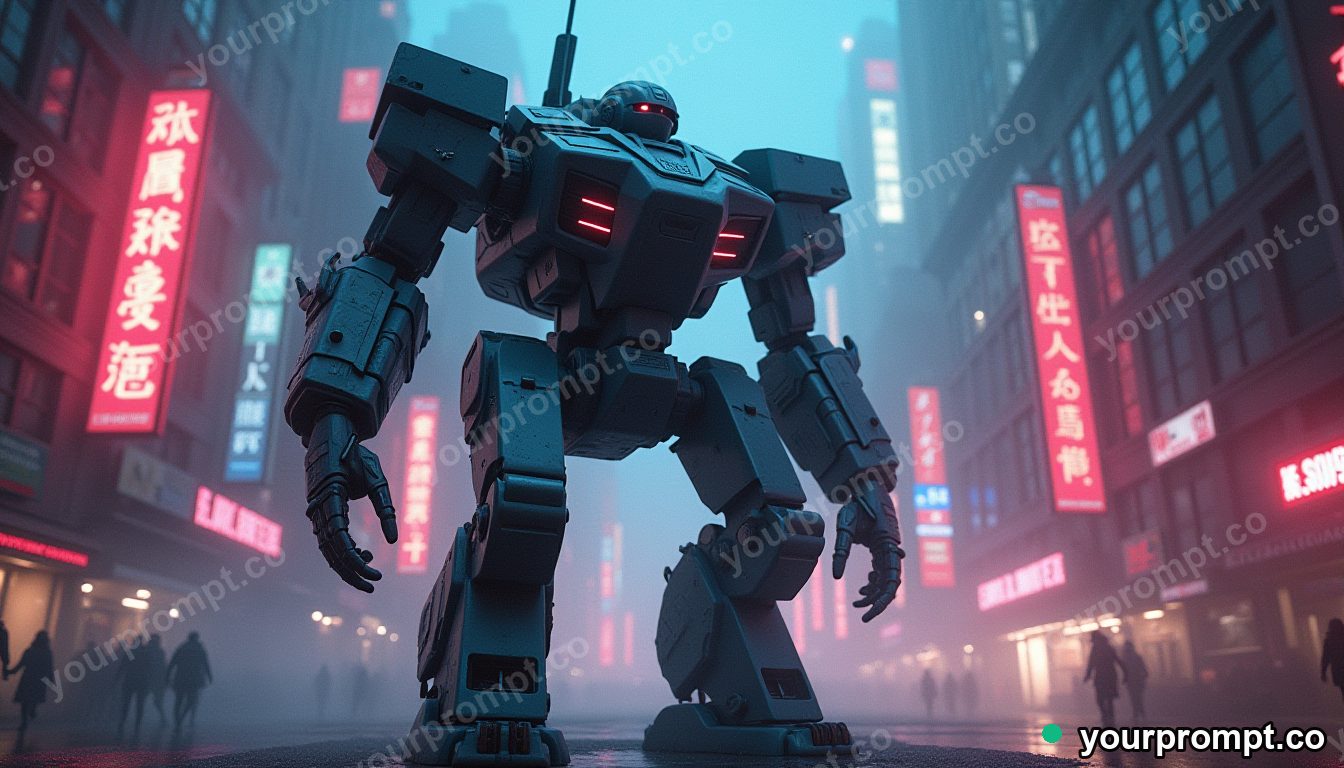 A towering mech standing guard in a neon city in double-exposure style — AI-generated image from a text prompt
