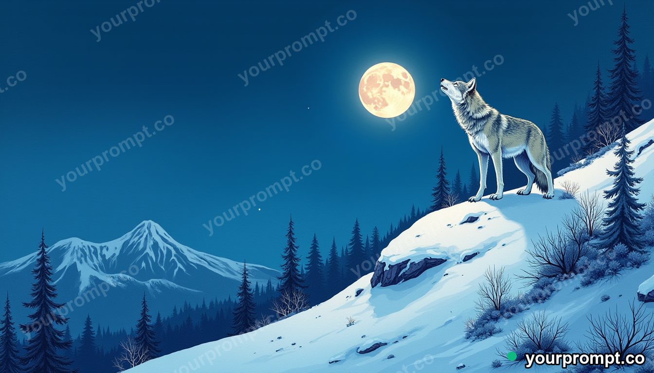 A wolf howling on a snowy ridge under the moon in ukiyo-e woodblock style — AI-generated image from a text prompt