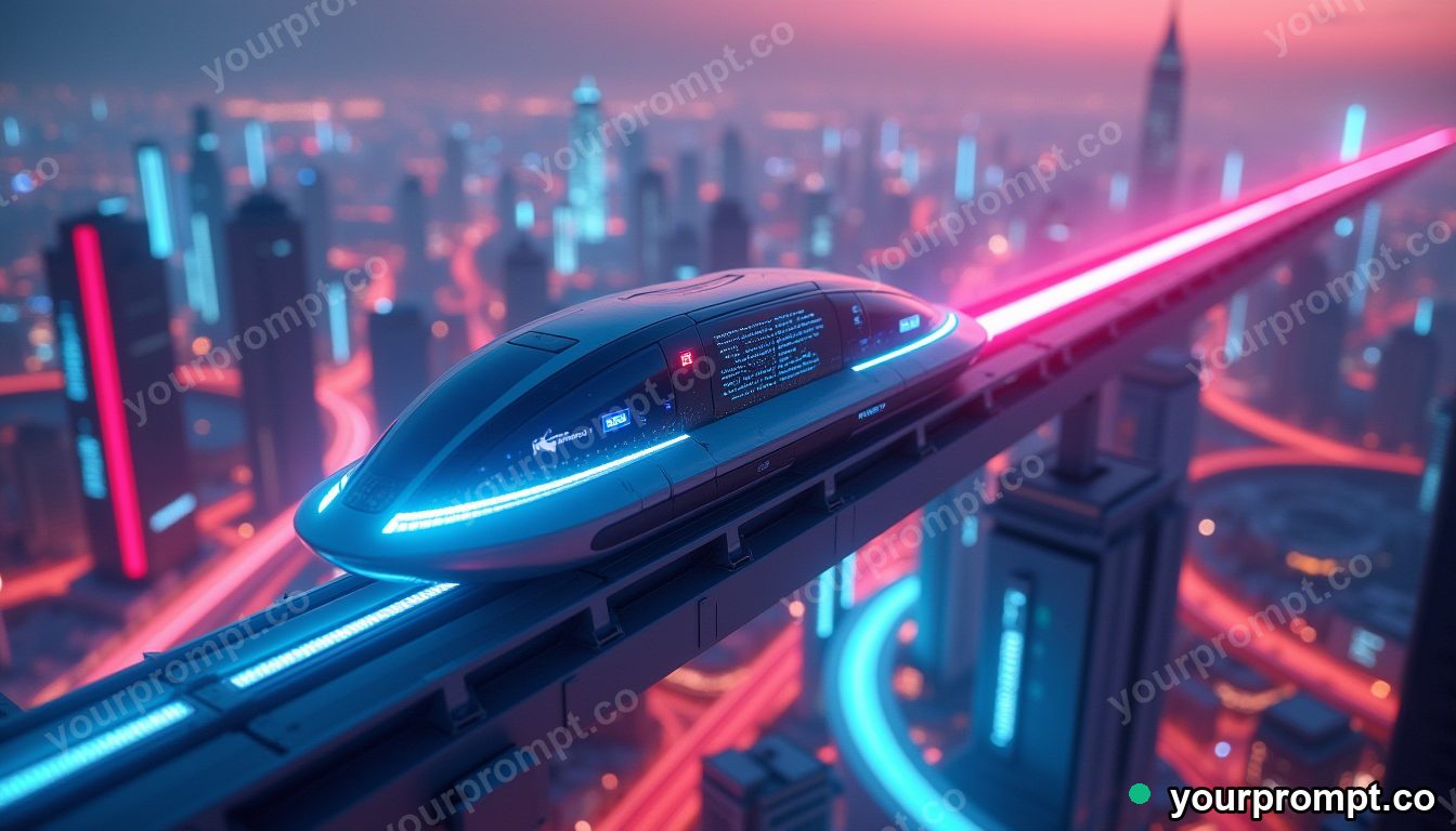 A futuristic maglev gliding over a neon city in tilt-shift miniature style — AI-generated image from a text prompt