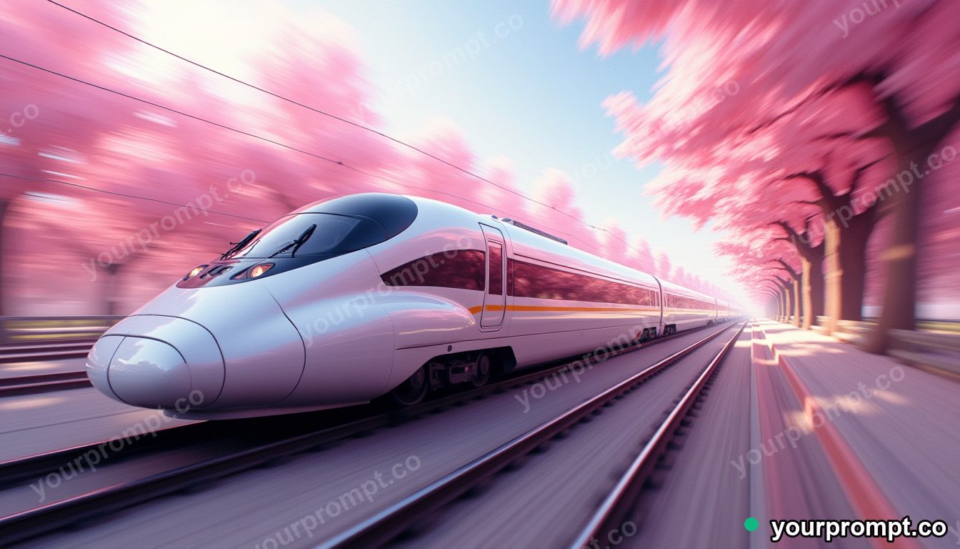 A sleek bullet train speeding past cherry blossoms in surreal digital art style — AI-generated image from a text prompt