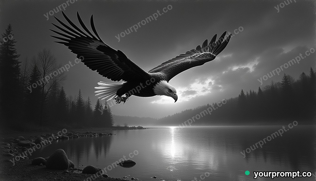 A bald eagle diving toward a lake in charcoal sketch style — AI-generated image from a text prompt