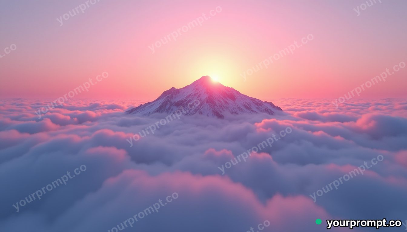 A sea of clouds below a mountain summit at sunrise in vaporwave synthwave style — AI-generated image from a text prompt